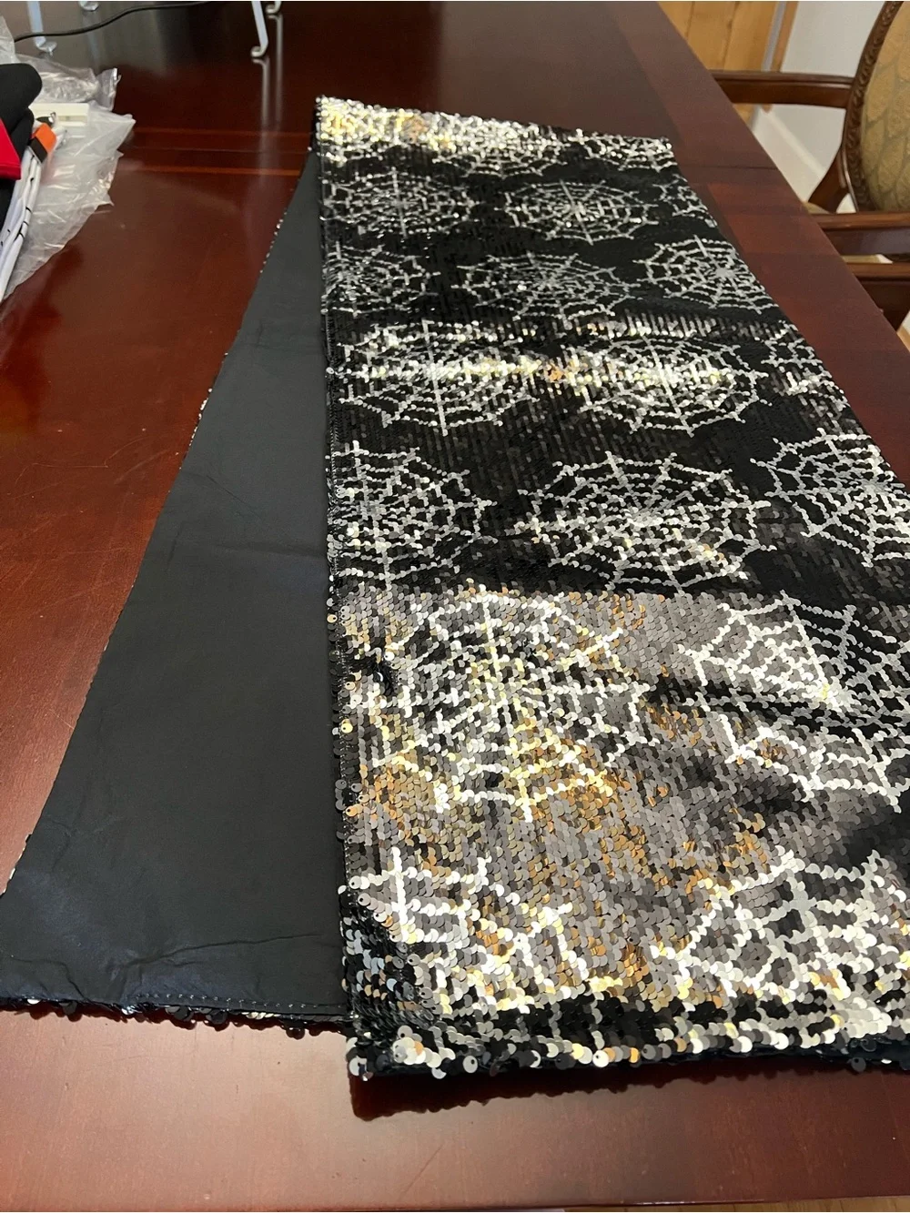 Black & Silver Sequined Spider Web Table Runner - Holiday & Party Accent